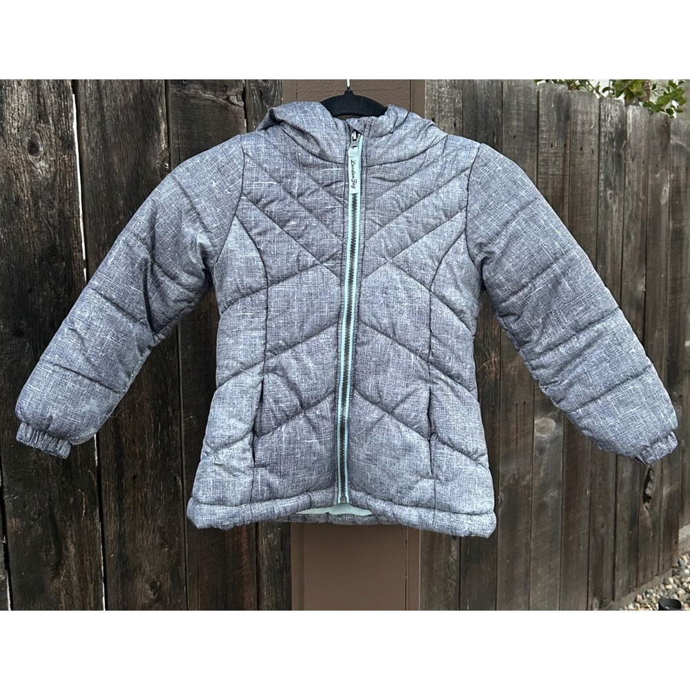 London Fog Girls Size 5-6 Quilted Hooded Winter Jacket Gray Aqua Fleece Lined